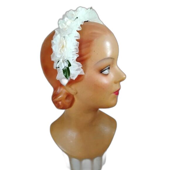 Vintage White Floral Crown Headband 50s 60s Bridal - Picture 1 of 5